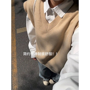 [两件套]v领马甲+衬衫叠穿内搭针织学院风上衣QZ53077-TP6098图片