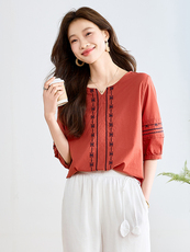 现货刺绣全棉上衣2025夏新款，女装衬衫，3200格调