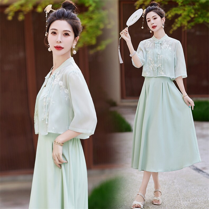 新中式国风吊带裙套装女2024夏季新款时尚高级感茶服连衣裙两件套,女装套装/套裙,芷墨服饰