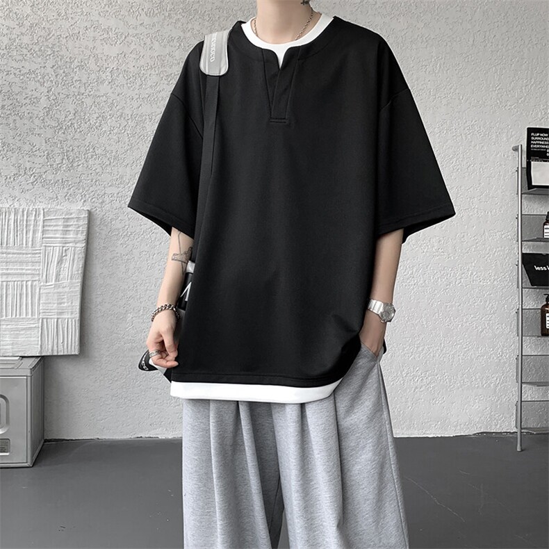 8XL-M重磅斜纹假两件短袖t恤男夏季薄款宽松大码半袖体恤DT006P45,男装T恤,电商B312