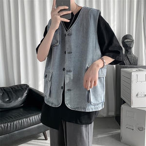 极简文艺V领宽松牛仔马甲复古工装机能风休闲马甲HY26TP60控98图片