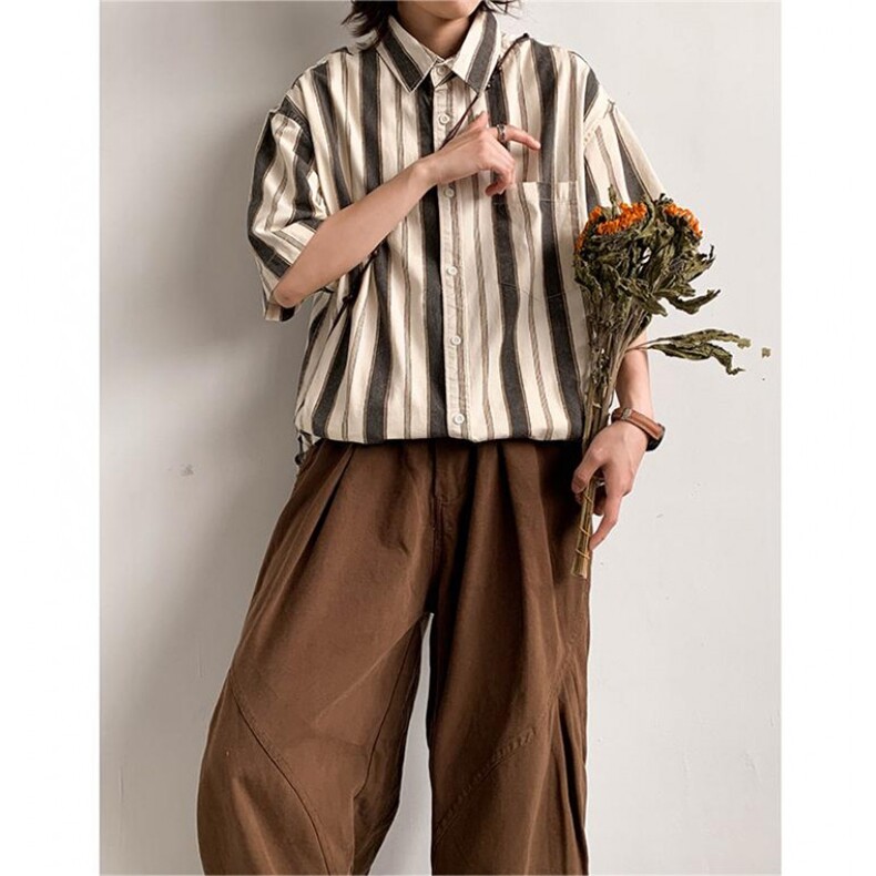 日系复古条纹短袖衬衫男女夏季vintage休闲情侣工装衬衣S2055-p25,男装衬衫,星座1008