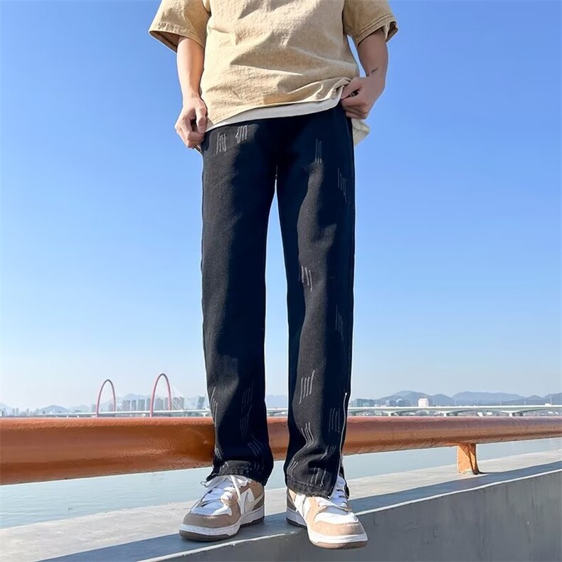 牛仔裤男士春季潮牌高街宽松直筒排扣裤休闲长裤子750P50,男装牛仔裤,星座410-2