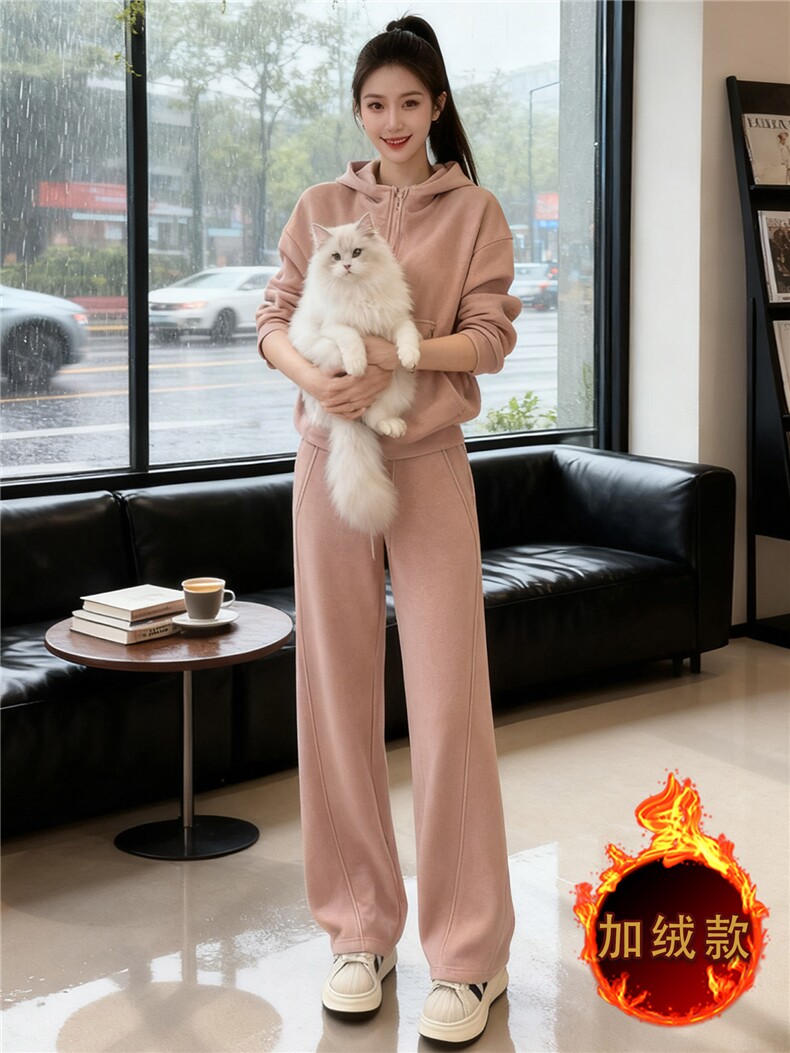 时尚运动风加绒套装女秋冬高级感加厚连帽卫衣高腰阔腿长裤两件套,女装套装/套裙,江南