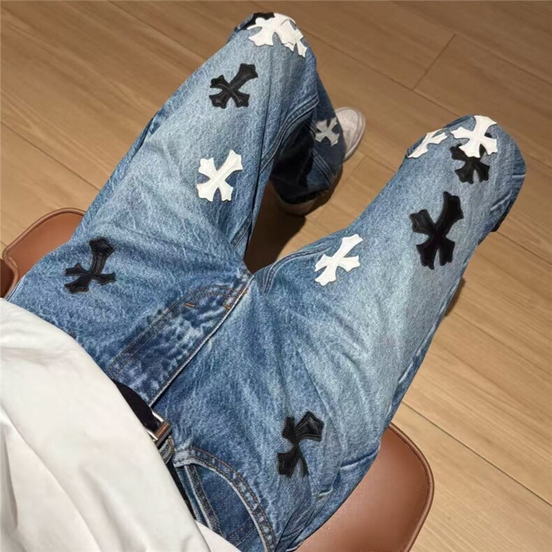 1506-1/GB1060/P62宽松贴皮十字架男女水洗直筒百搭牛仔裤,男装牛仔裤,星座1506A