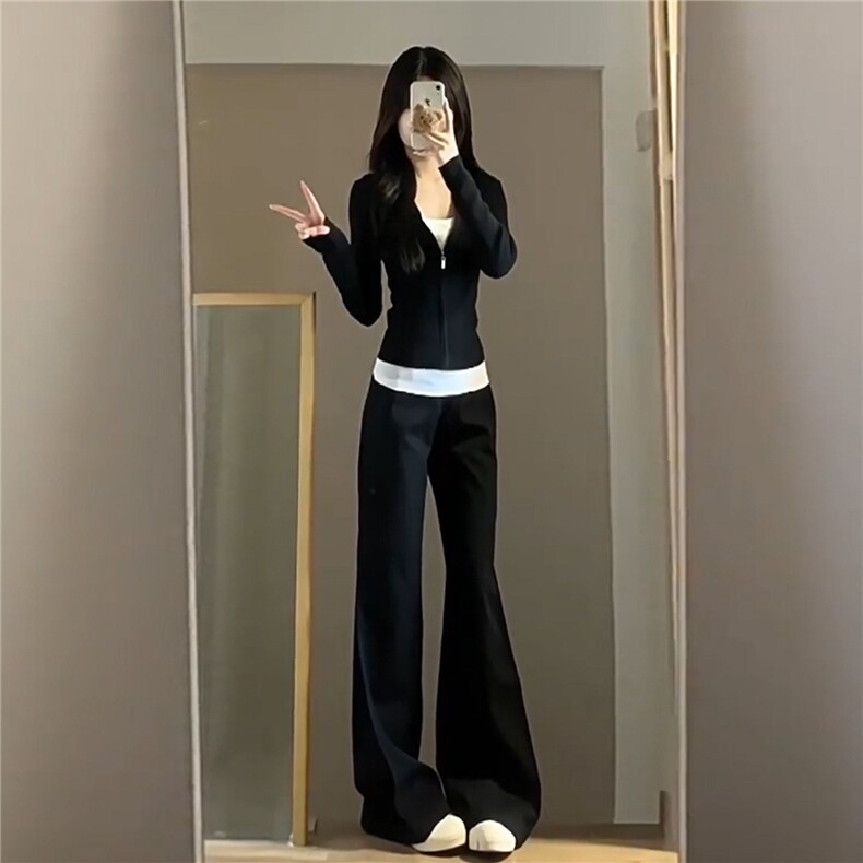 韩版时尚修身显瘦套装女秋款连帽开衫外套内搭背心阔腿长裤三件套,女装套装/套裙,江南