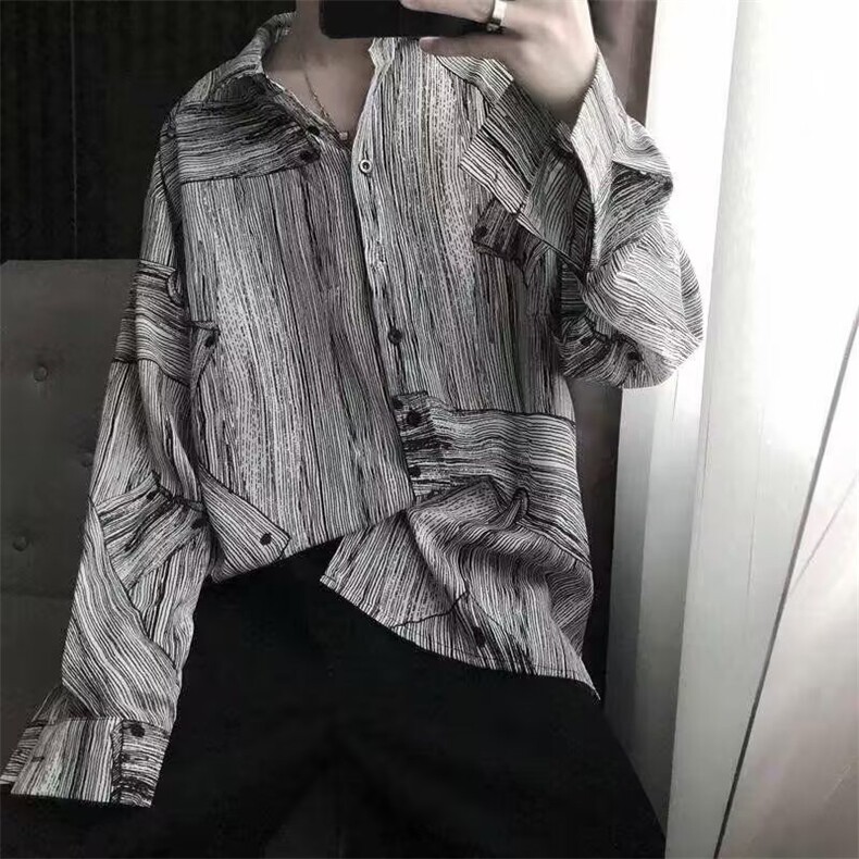 高级感复古慵懒港风花衬衫潮流垂感宽松情侣装长袖衬衣,男装衬衫,星座1210-1