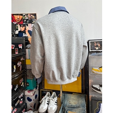 WY10-P5825春装假两件套头卫衣格子拼接上衣套头衫内搭，男装卫衣，电商B327