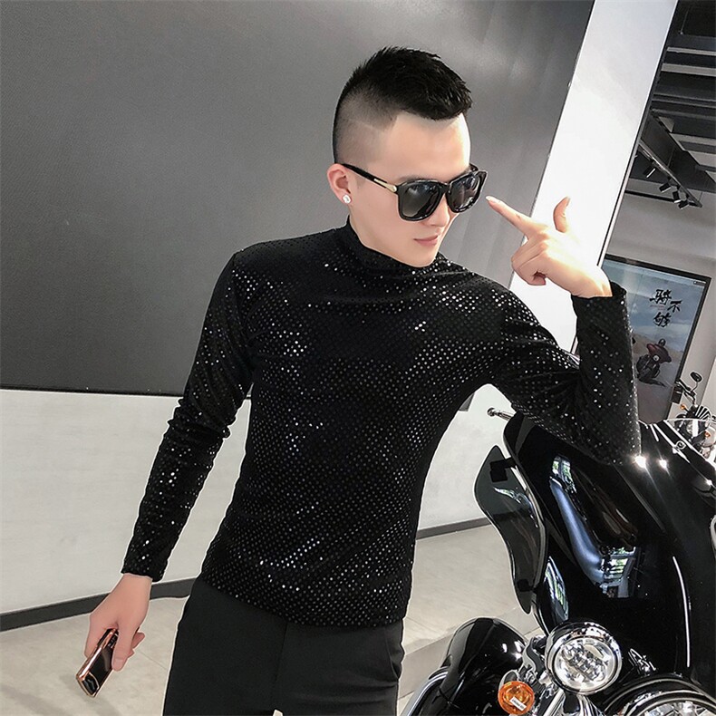 店主风T恤男长袖针织衫外穿网红半高领亮片打底衫A068-QS14-P45图片