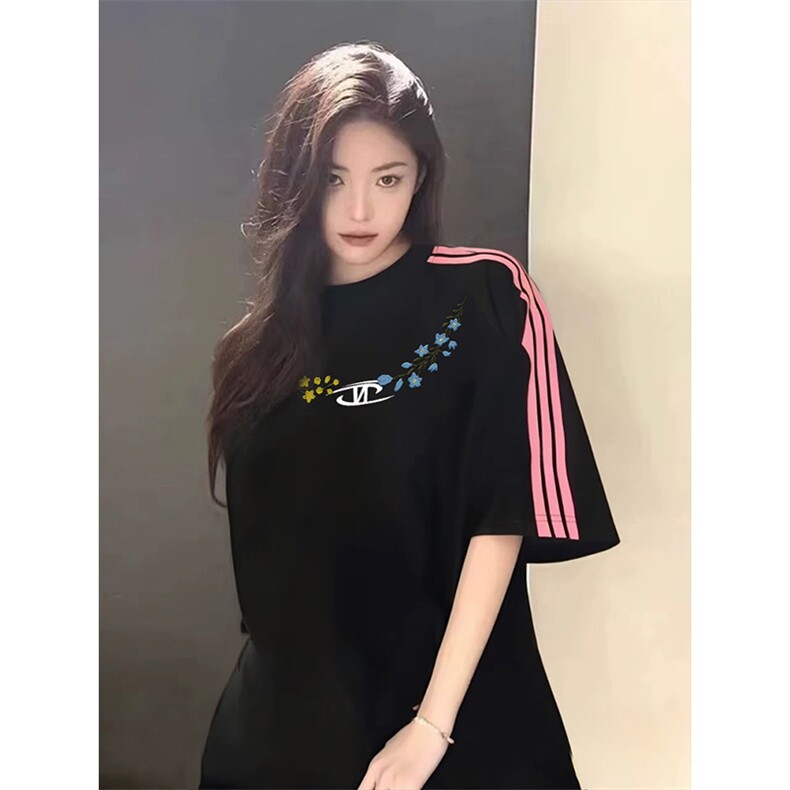 抖音得物品质二开240克宽松纯棉美式潮牌印花三条杠中性风短袖T恤,男装T恤,电商A486