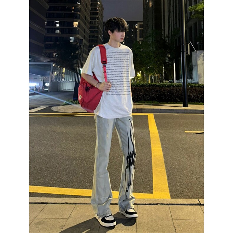 【网图现货】美式高街黄泥色牛仔裤直筒火焰残影裤子CCNZ05-特P58,男装牛仔裤,星座1007（原301D）