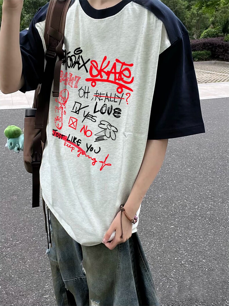 抖音得物高品质二开240克宽松纯棉美式潮牌插肩袖拼接短袖T恤,男装T恤,电商A486