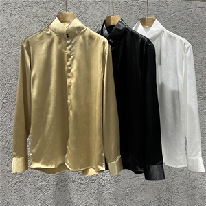 亮面绸缎感立领衬衫男长袖新中式高领衬衫设计感香槟金色C997-P63图片
