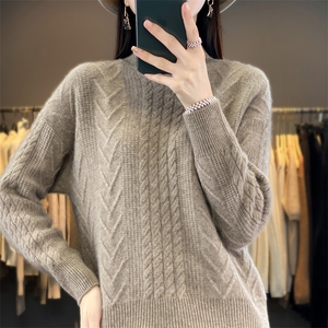 秋冬新款100%纯羊毛衫女半高领扭花加厚毛衣宽松羊绒衫针织打底衫图片
