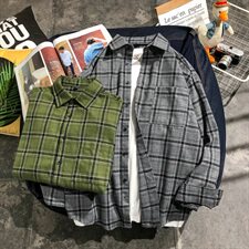 格子方领衬衫男长袖秋季微磨毛衬衣外套休闲寸衫DF02T，男装衬衫，电商A102
