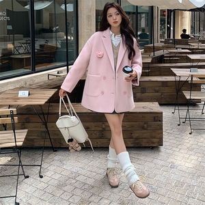 粉色毛呢西装外套春秋女2025新款韩系甜气小个子双面呢小西服图片