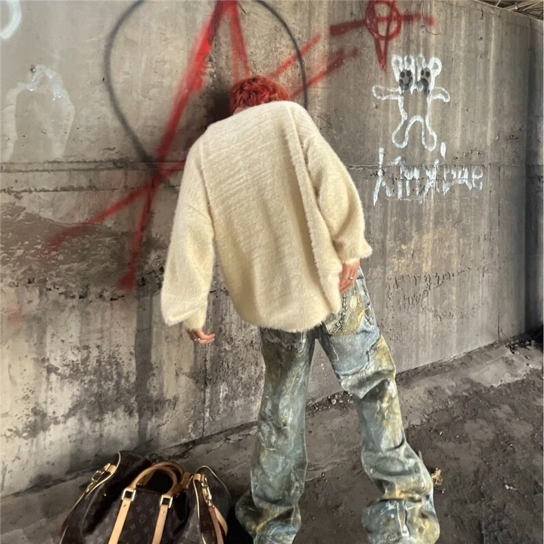水貂毛针织衫男秋冬人像字母小众设计感宽松慵懒风毛衣,男装针织衫/毛衣,星座410-7