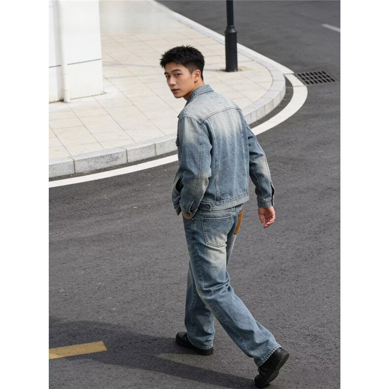 美式高街cleanfit做旧蓝色牛仔裤秋季男款阔腿直筒裤子高品质,男装牛仔裤,四季星座505