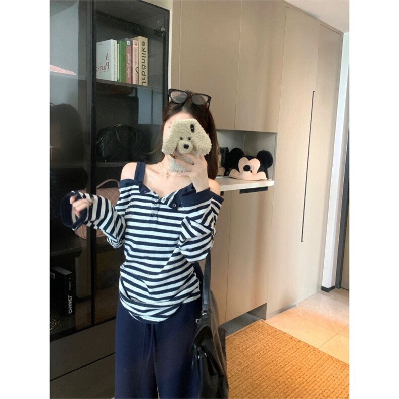 秋季甜辣妹条纹露肩长袖T恤女设计感修身显瘦独特别致漂亮上衣潮,男装T恤,星座506A
