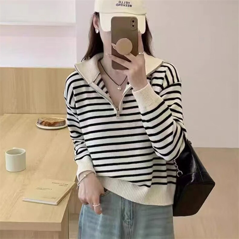 慵懒风条纹POLO翻领长袖卫衣女秋季韩版宽松休闲半拉链上衣,针织衫/毛衣,萱芳婷羊绒