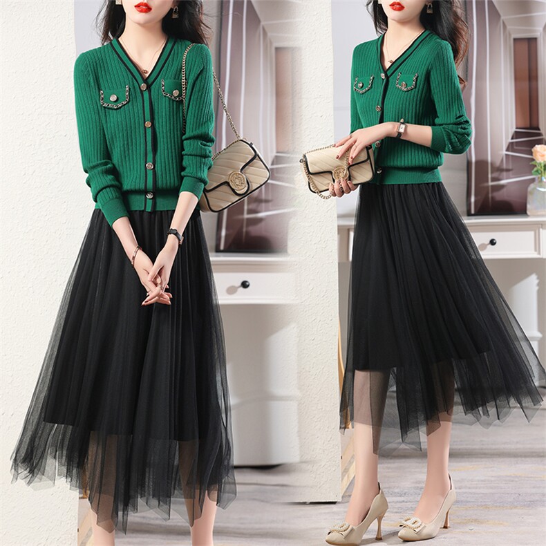 2022现货秋冬新款打底毛衣裙子长袖收腰显瘦拼接网纱连衣裙女，女装套装/套裙，然然