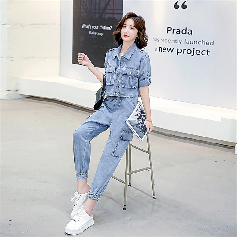 2022夏季新款简约气质减龄翻领个性复古牛仔两件套,女装套装/套裙,魅影