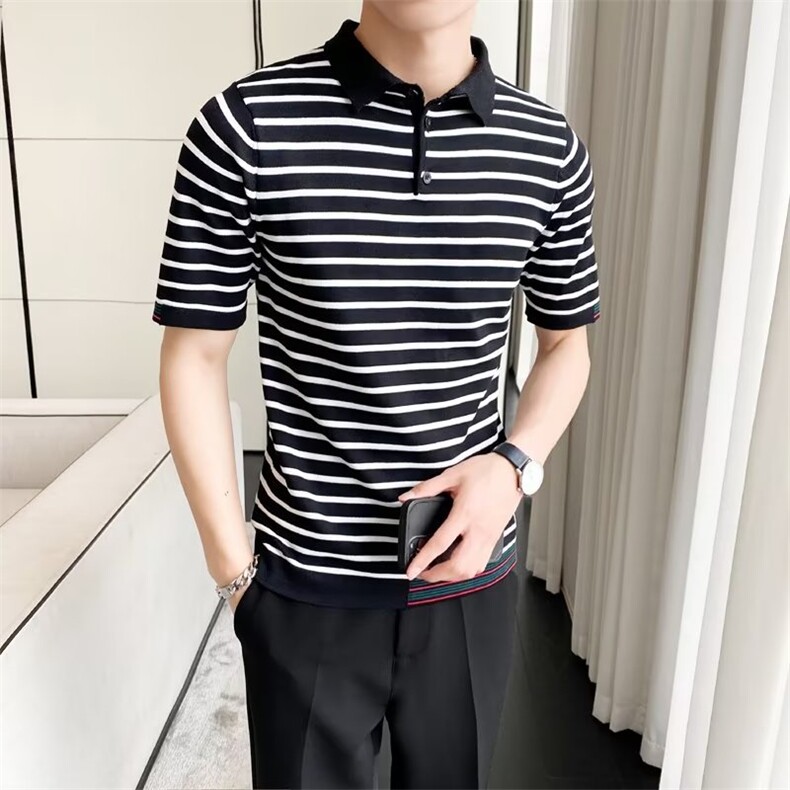 轻奢夏季针织条纹POLO衫男短袖翻领商务休闲修身半袖保罗衫潮,男装T恤,星座1116A-2（原606A-1）