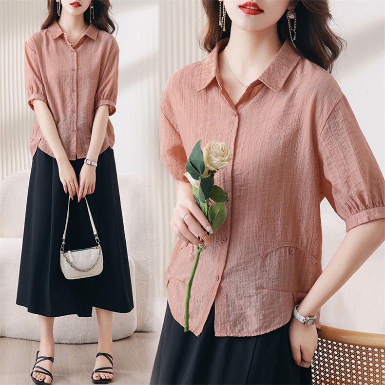 夏装短袖衬衫女2024新款时尚气质小个子妈妈洋气减龄薄款天丝上衣，女装衬衫，木子恋