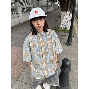 1506/Q52210/P37港风格子短袖衬衫男款潮牌美式休闲百搭情侣衬衣图片
