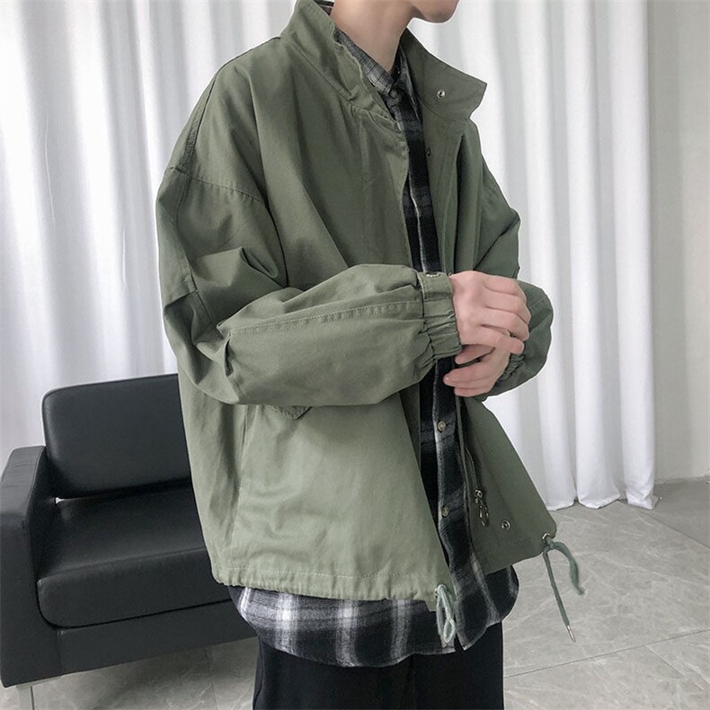 现货水洗棉立领夹克韩版宽松工装休闲外套港风抽绳A114-P90,男装夹克,电商A351