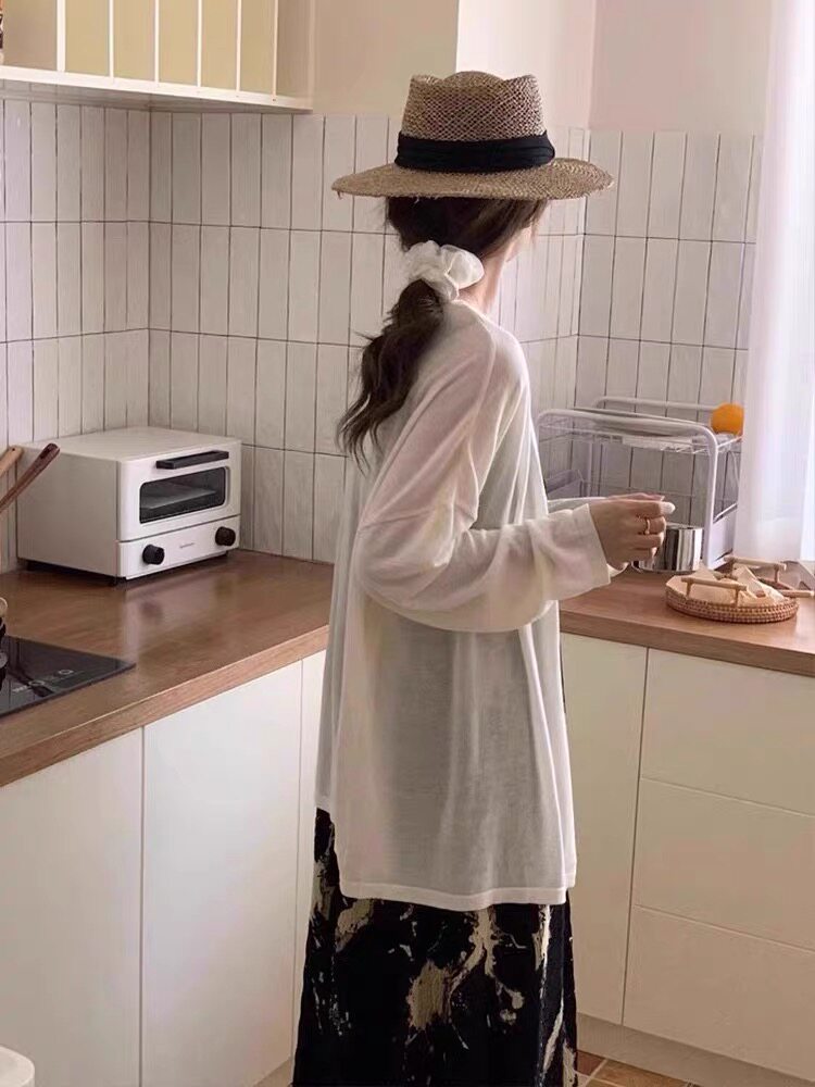 轻薄透气长袖针织开衫女夏季修身显瘦防晒罩衫上衣,针织衫/毛衣,织己羊绒