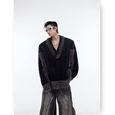 小众防貂毛不规则设计毛衣高级假两件毛衫慵懒风长毛上衣，男装针织衫/毛衣，星座813-2