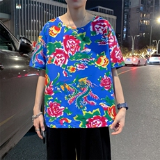 HT203夏季男士休闲东北大花民族风牡丹花圆领短袖T恤青少年大码，男装T恤，星座115A(原星座507）