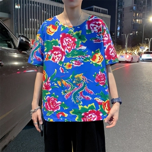 HT203 夏季男士休闲东北大花民族风牡丹花圆领短袖T恤青少年大码图片