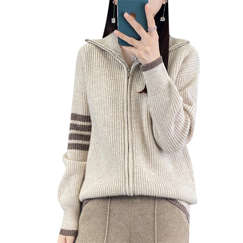 立领拉链针织开衫女秋冬新款宽松显瘦纯色羊毛外套,女装羊毛衫,佑昭祥羊绒
