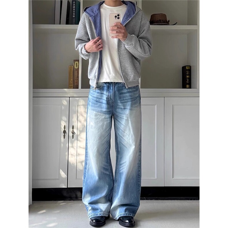 美式灰色开衫连帽卫衣男秋季cleanfit高级感miu系格纹双面穿外套，女装短外套，星座1210-1