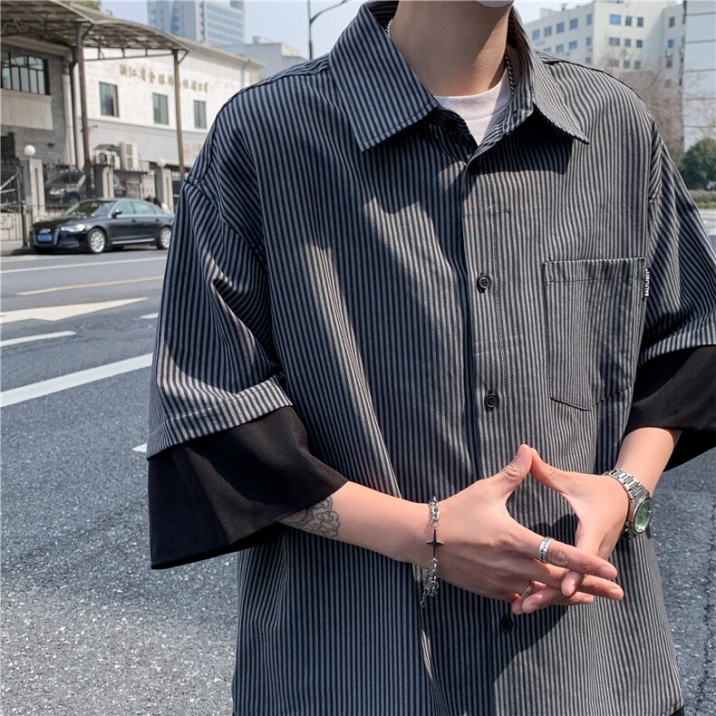 DC5103-P38夏季新款男装复古条纹短袖衬衫简约百搭清新潮流衬衣,男装衬衫,星座603-2