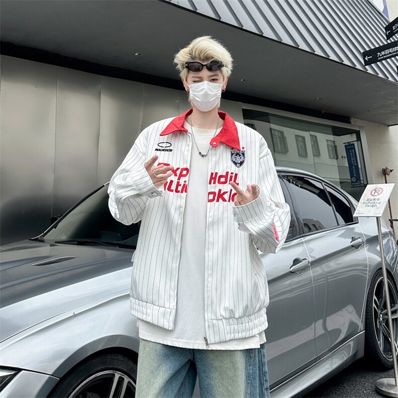 复古撞色条纹翻领夹克外套男女春秋宽松设计工装刺绣棒球服JY178,男装夹克,星座1116A-1（原606A）
