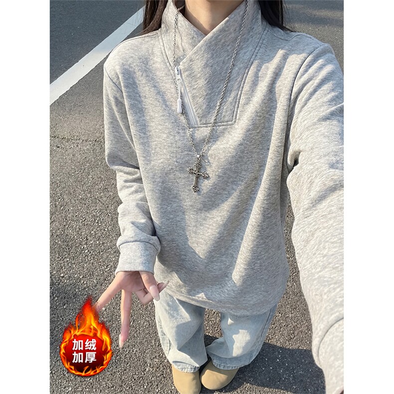 加厚加绒立领斜半拉链卫衣冬季复古打底衫男女 D54167-TP35不图片