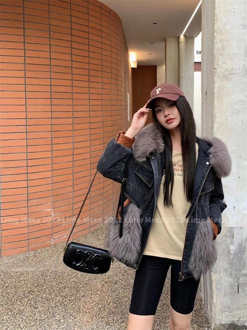 【现货】2022冬季羽绒服环保毛拼接牛仔羽绒服，女装羽绒服，Lime meca 俪米