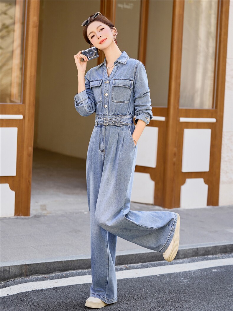 （新款现货）2026春装时尚休闲显瘦工装v领牛仔阔腿腰带连体裤女,女装连体裤,印象茜
