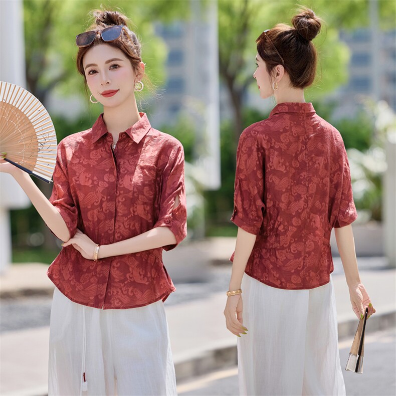 时尚大码女2025夏季高级感妈妈装天丝衬衫超好看宽松遮肉印花上衣,女装衬衫,余墨