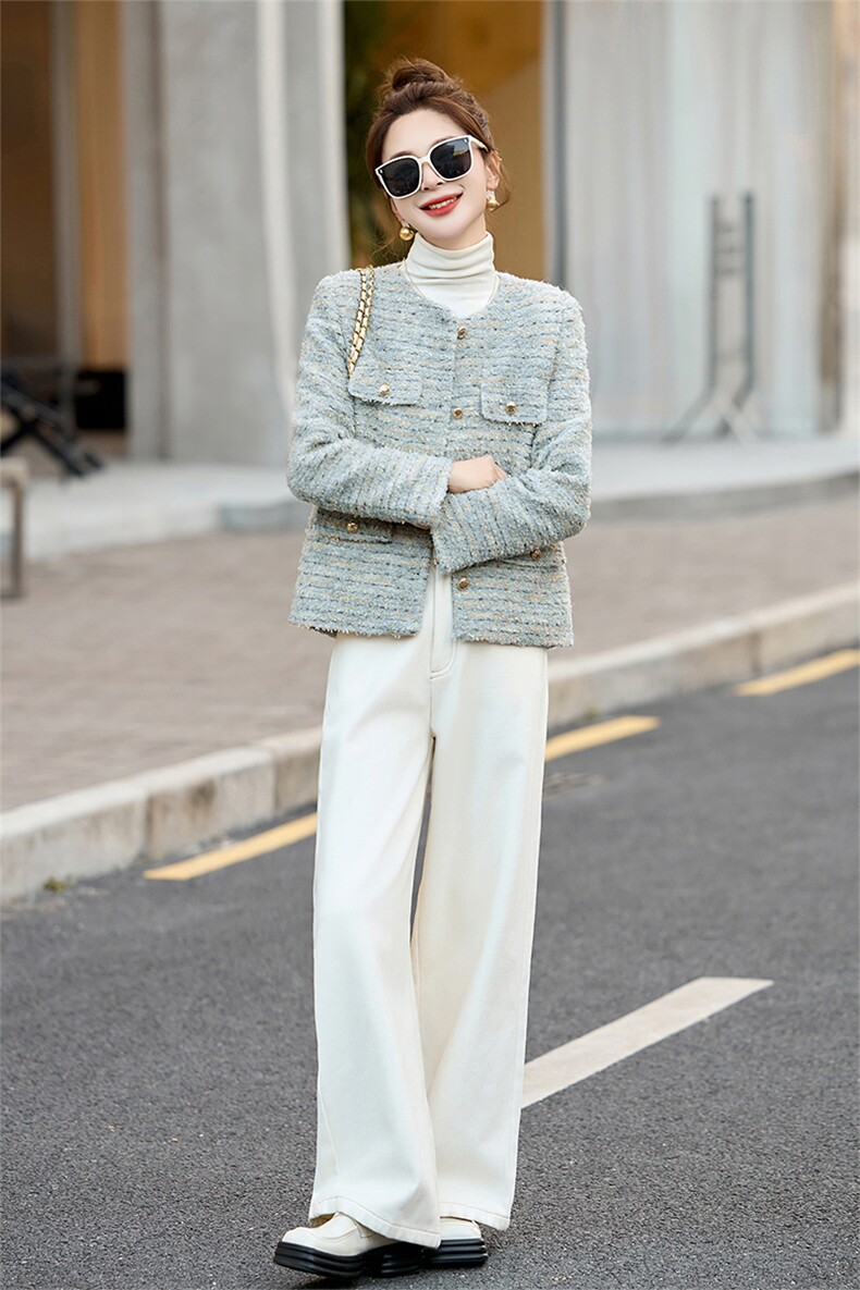 小香风白鸭绒内胆毛呢外套女2024冬季新款轻薄保暖短款白鸭绒外套,女装羽绒服,自然秀