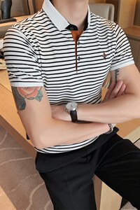 男士polo衫韩版潮流修身青年条纹刺绣翻领休闲短袖t恤PL2107/P58图片