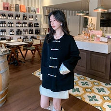 国风新中式女装盘扣纯羊毛呢外套女宽松宋锦刺绣圆领双面羊绒大衣，女装双面呢大衣，荣图大衣