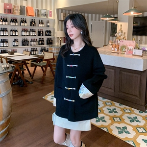 国风新中式女装盘扣纯羊毛呢外套女宽松宋锦刺绣圆领双面羊绒大衣图片