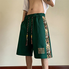 休闲中国风短裤男夏季直筒新款小熊刺绣抽绳高街五分裤子国潮男装，男装休闲裤，电商A022