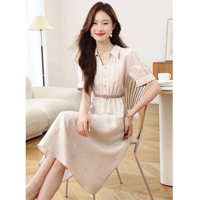 拉夏贝尔官方法式气质短袖连衣裙女2025年夏季新款显瘦a字流光裙,女装连衣裙,艾米