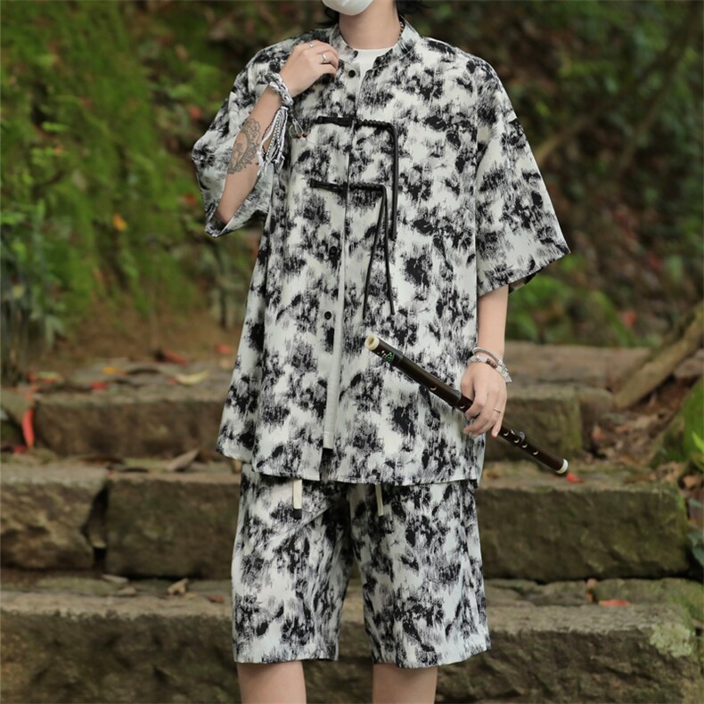 2025夏季新中式冰丝垂感花衬衣宽松休闲五分套装男TZ666-P58控78图片