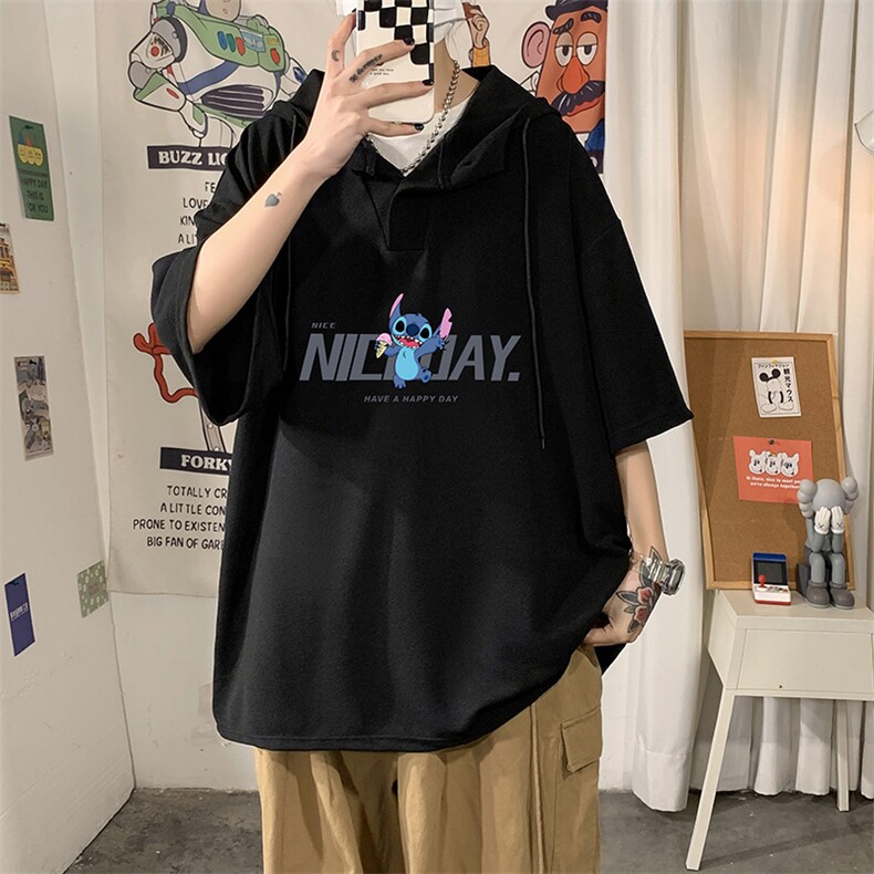 LD54173-P45连帽短袖t恤男大码胖子带帽五分袖中袖海报风,男装T恤,电商A040